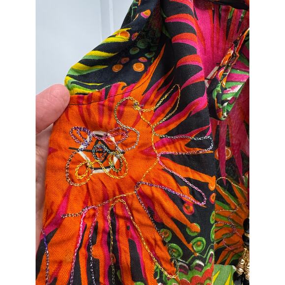 Junglee Billee Boho Black Multicolor Embroidered Shorts w/ Beaded Tie - Picture 7 of 10